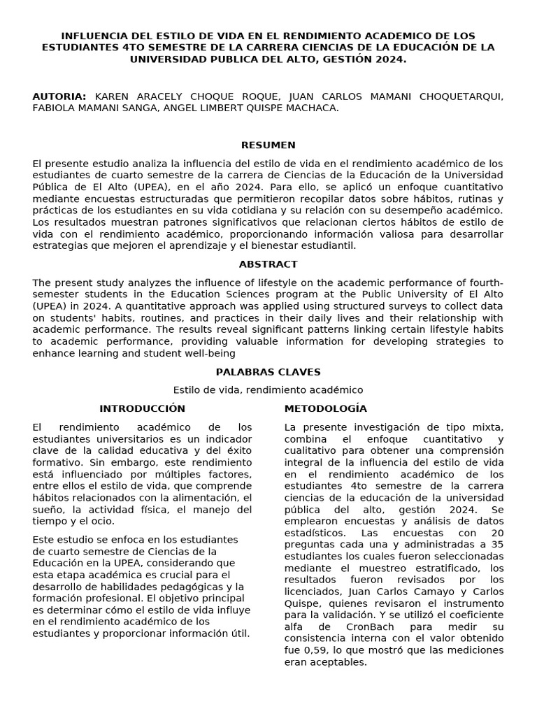Estilo de Vida y Rendimiento Académico UPEA | PDF | Metodología de ...