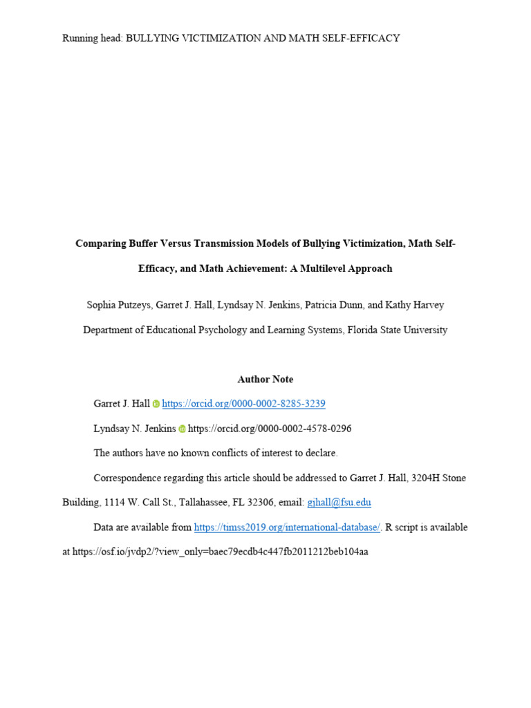 Bullying, Math Self-Efficacy & Achievement | PDF | Self Efficacy ...