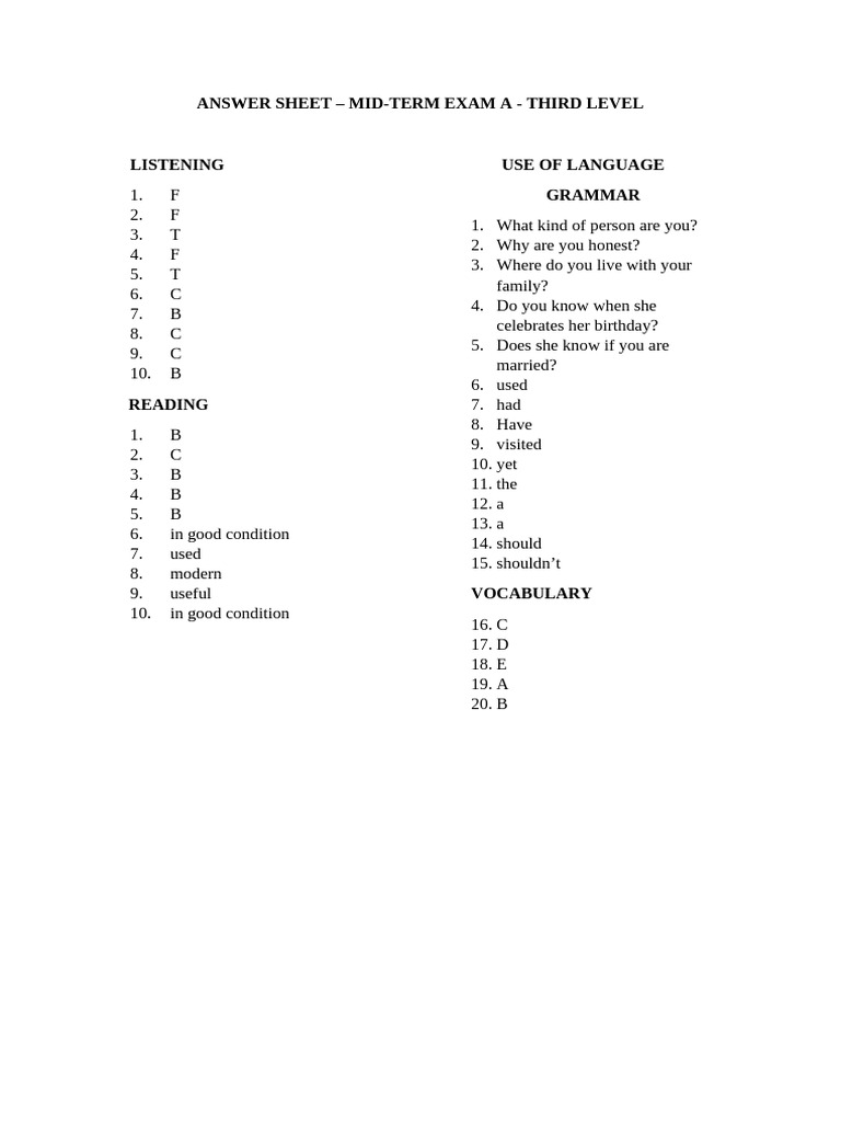 Mid-Term Exam A Answer Sheet | PDF
