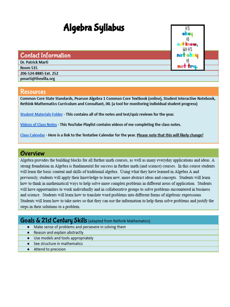 Comprehensive Algebra Course Syllabus | PDF | Homework | Mathematics
