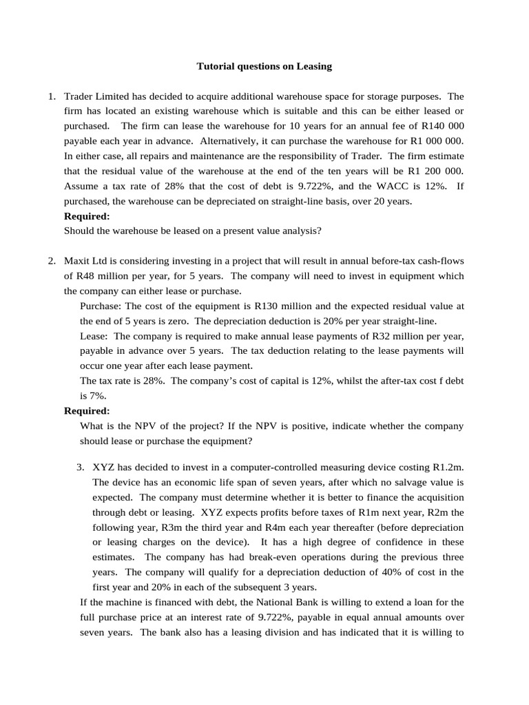 Leasing Tutorial Questions | PDF | Depreciation | Business