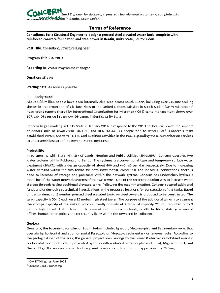 ToR-Structural Engineer Consultancy Steel Elevated Tanks Design | PDF ...
