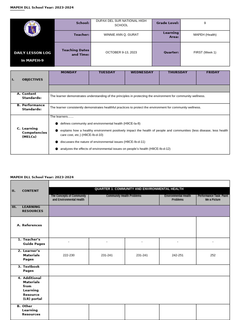 MAPEH 9 Daily Lesson Log: Health Focus | PDF | Learning | Natural ...