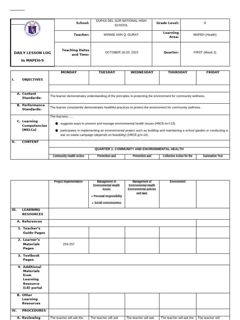 MAPEH 9 Daily Lesson Log: Health Focus | PDF | Teachers | Learning
