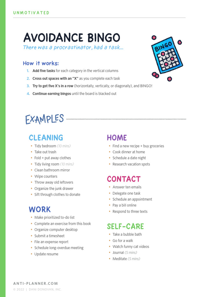 Procrastination Avoidance Bingo Game | PDF