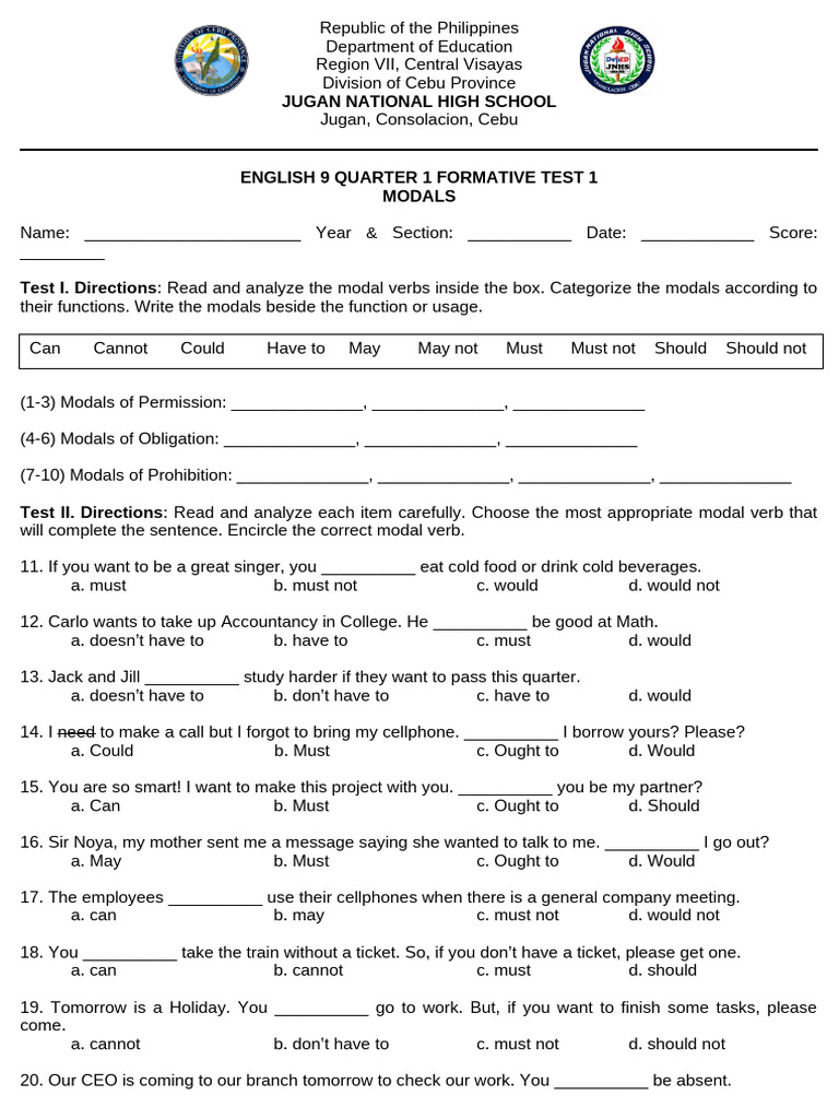 English 9 Modals Formative Test | PDF | Linguistic Morphology | Linguistics