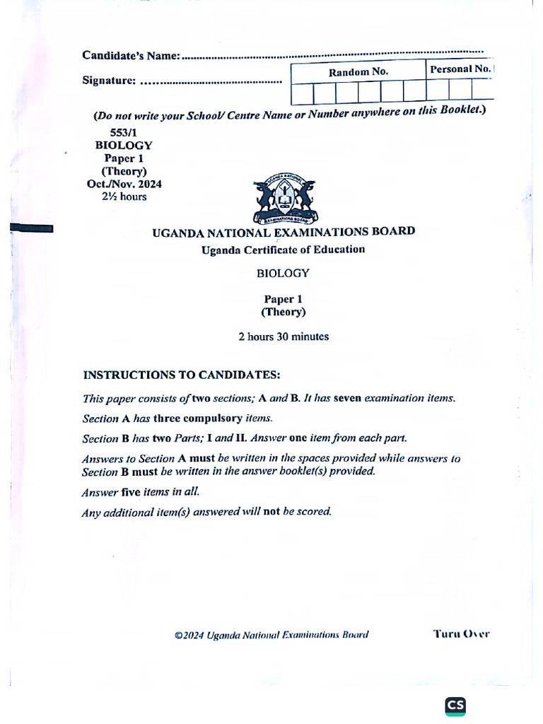 Uce Past Paper Biology Paper One Theory Oct Nov 2024 | PDF