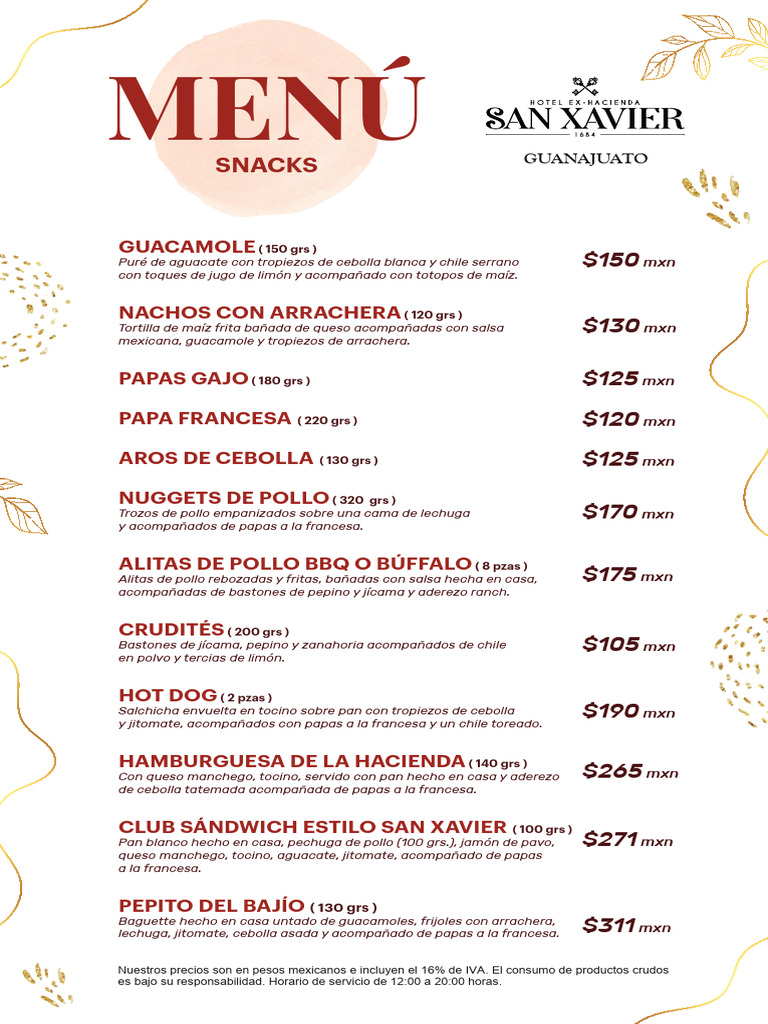 Menú de Snacks y Platos en Guanajuato | PDF