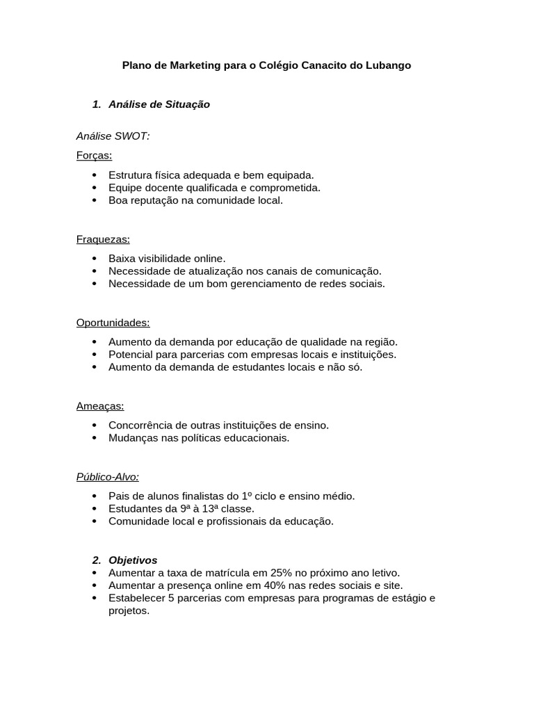 Plano de Marketing para Colégio Canacito | PDF | Marketing | Rede social