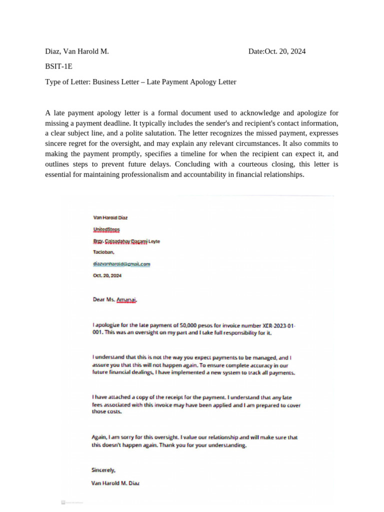 Late Payment Apology Letter | PDF