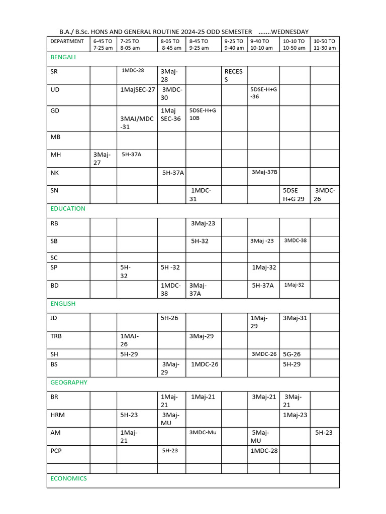 Routine Odd Sem 24-25 Wednesday Revised | PDF