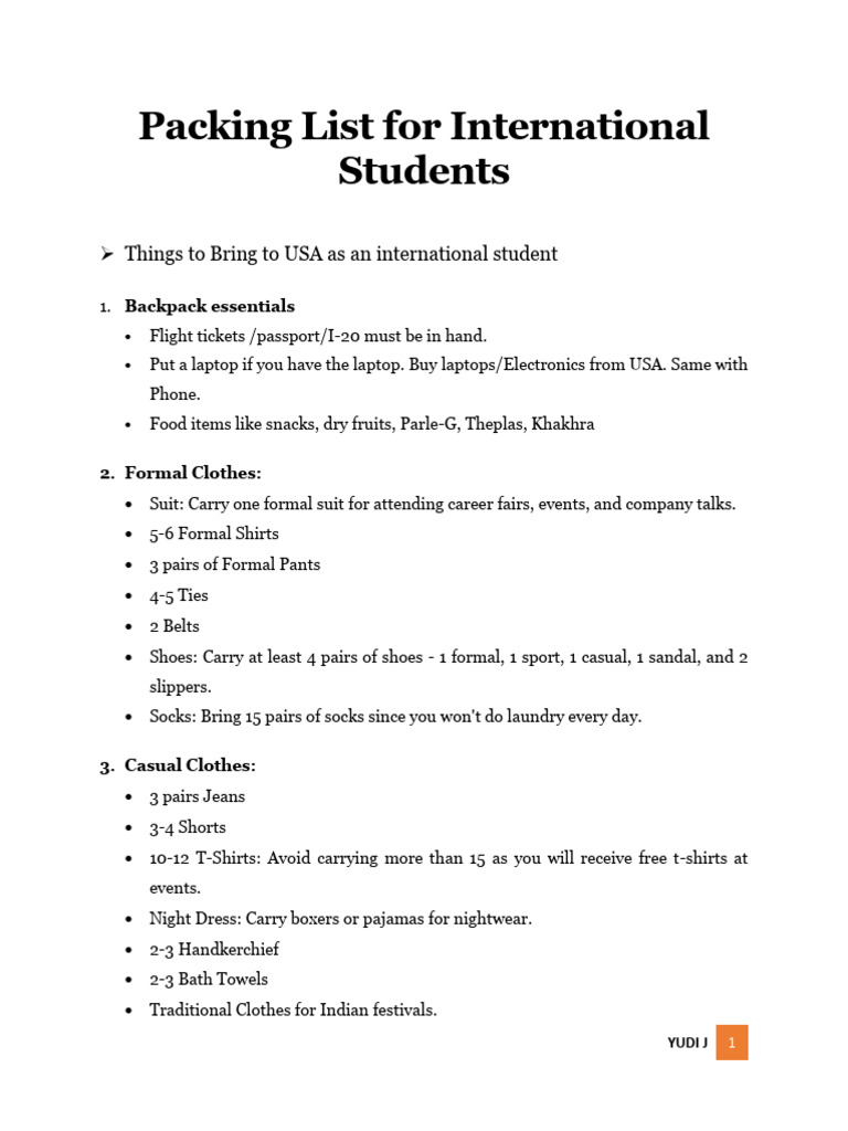 Yudi J Guide - Packing List For International Students | PDF | Clothing ...