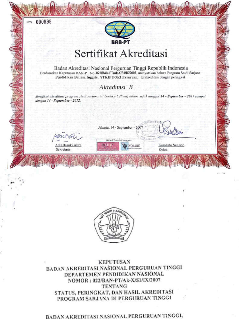 Sertikat Akreditasi Dan SK 2007-2012 New | PDF