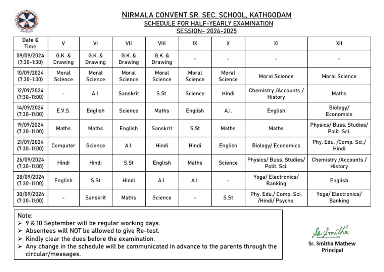 Nirmala Convent Half-Yearly Exam Schedule | PDF | Observation | Science