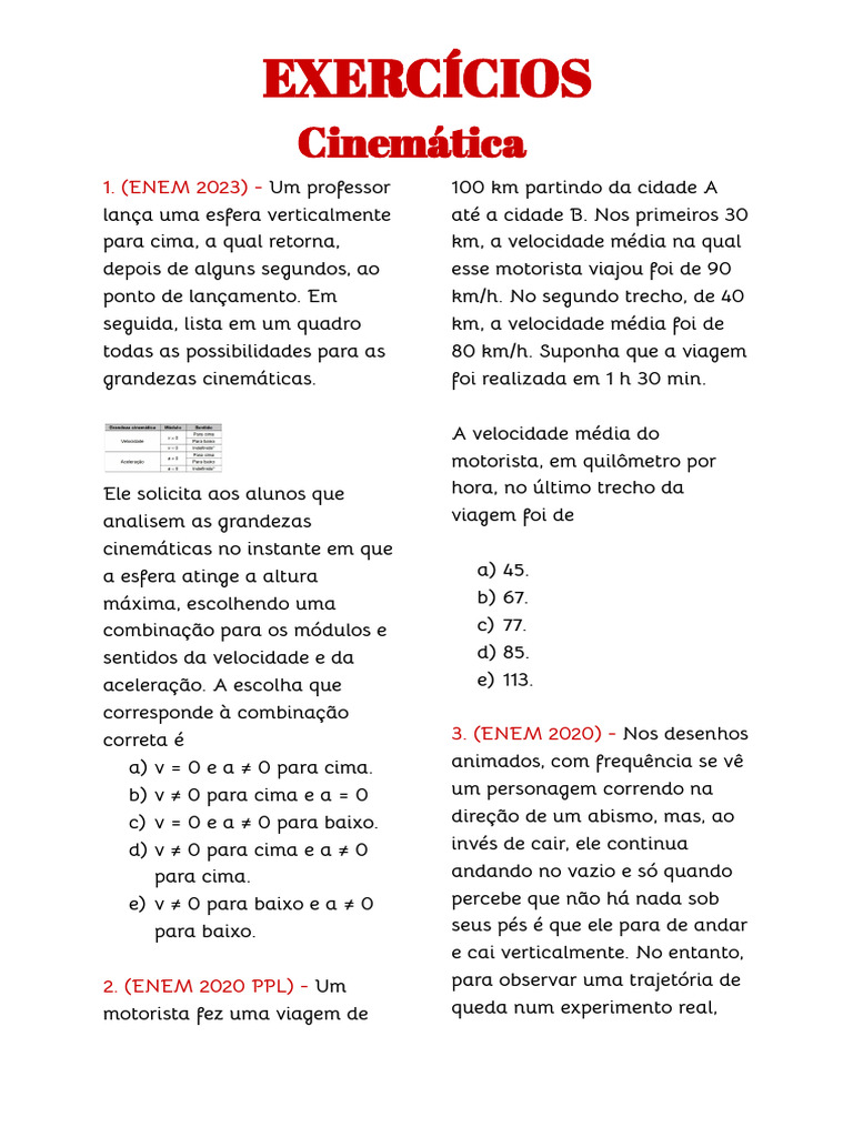 Exercícios de Cinemática para ENEM | PDF | Cinemática | Tempo