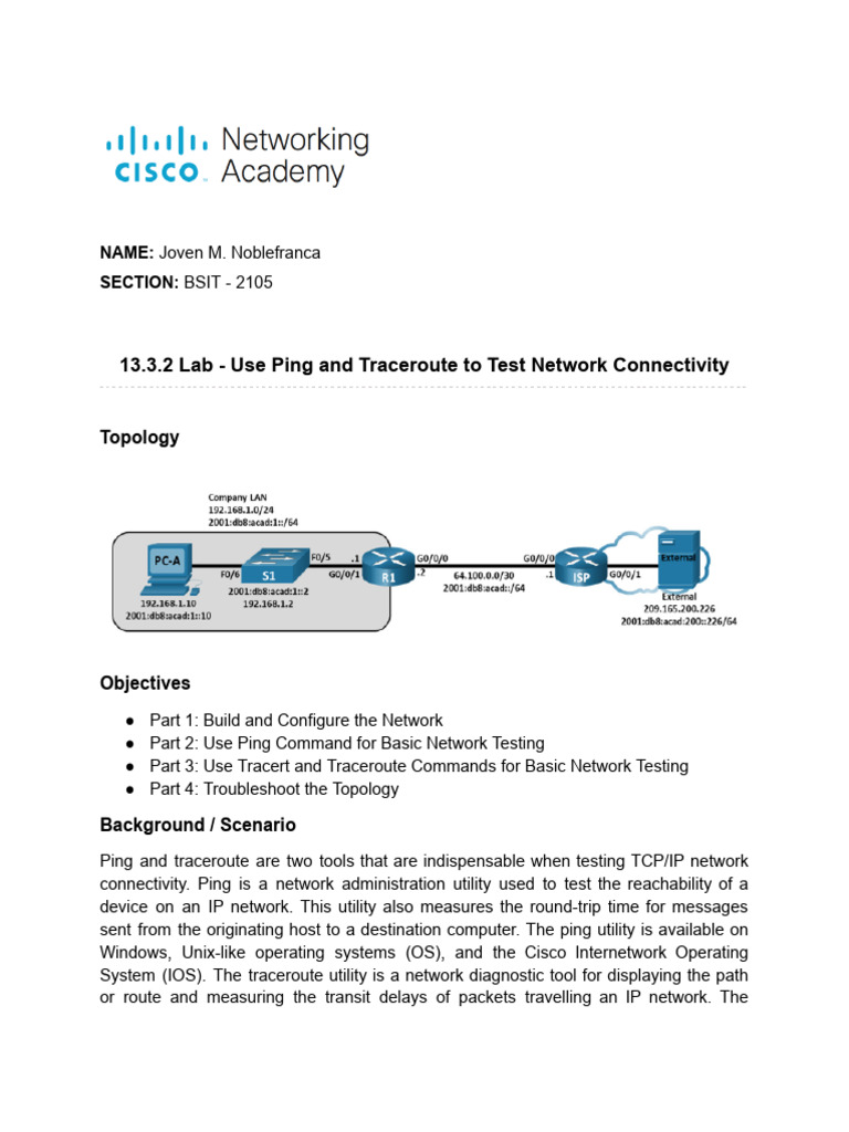 13.3.2 Lab - Use Ping and Traceroute To Test Network Connectivity | PDF ...