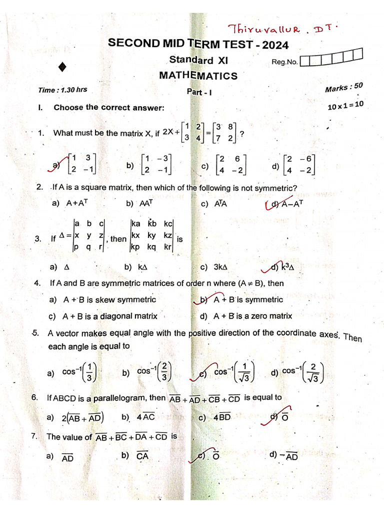 11th Standard Maths Mid Term Paper 2024 | PDF