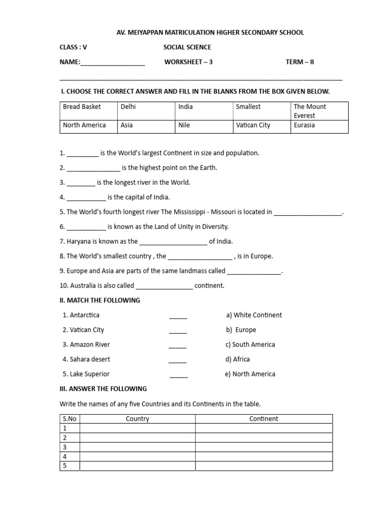 Social Science Worksheet for Class V | PDF