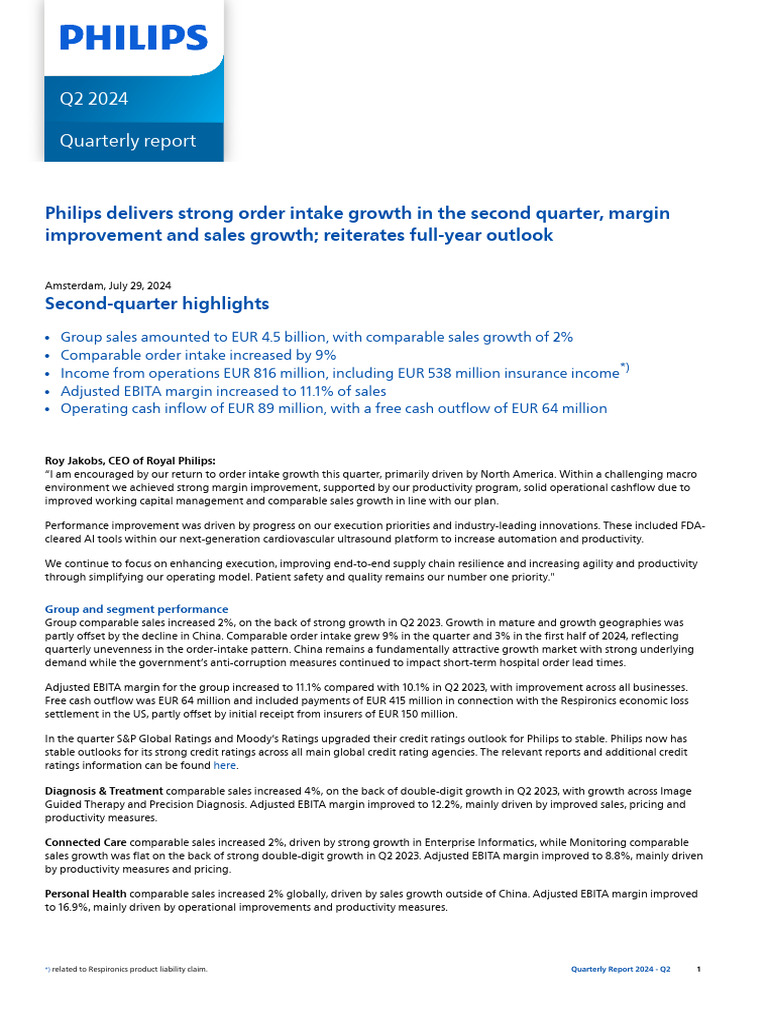 Philips Second Quarter Results 2024 Report | PDF | Depreciation | Fixed ...