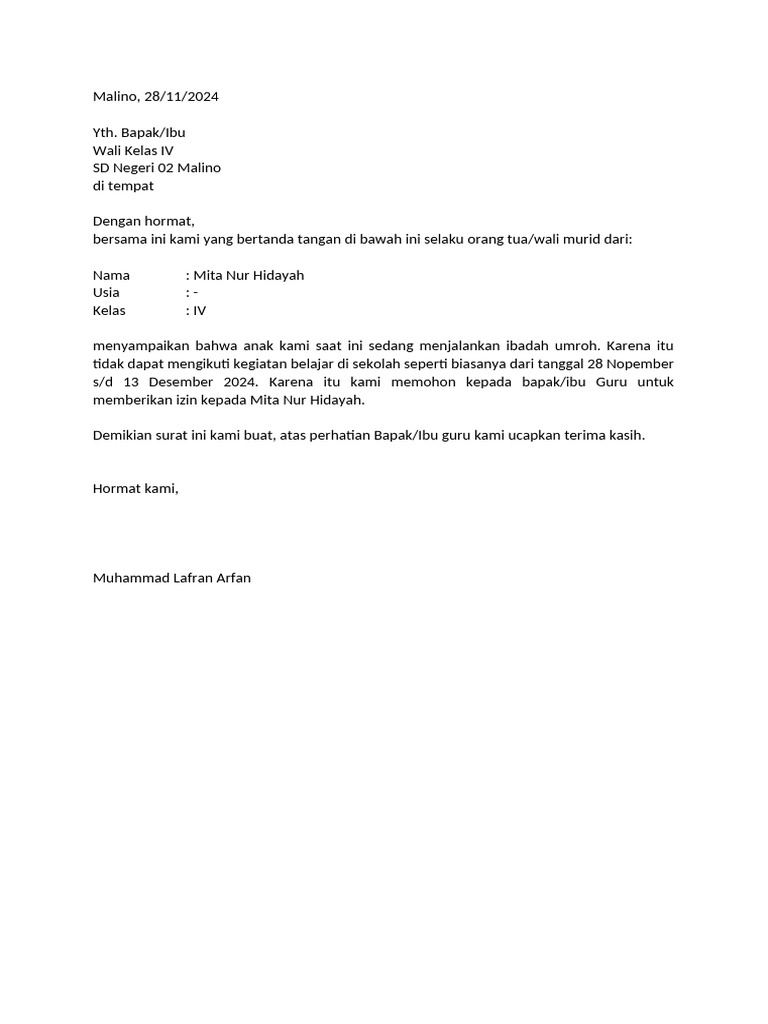 Surat Izin Umroh untuk Siswa SD | PDF