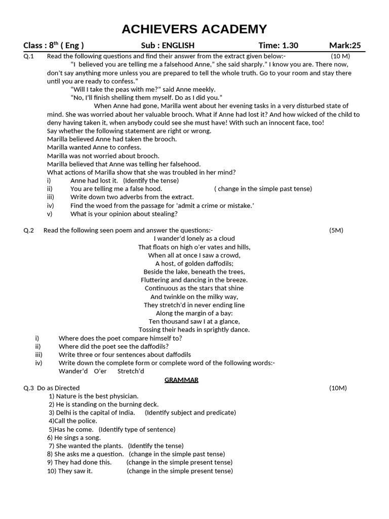 8th Grade English Exam Questions | PDF | Grammar | Linguistics
