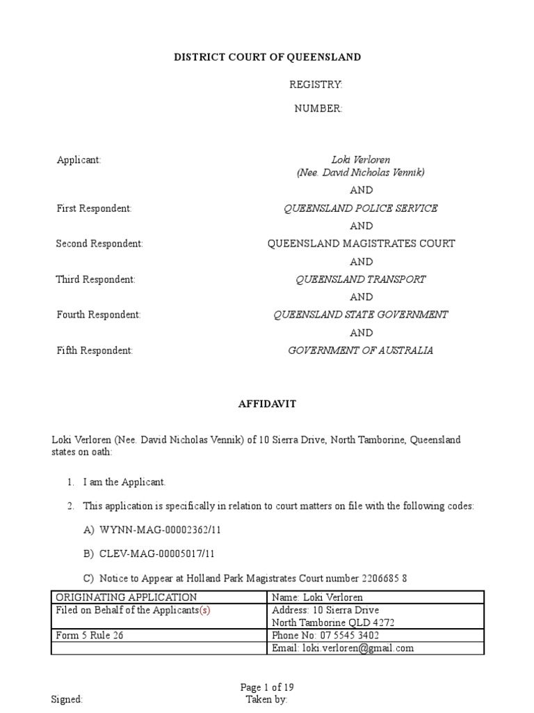 Affidavit of Application For Injunction in Queensland District Court