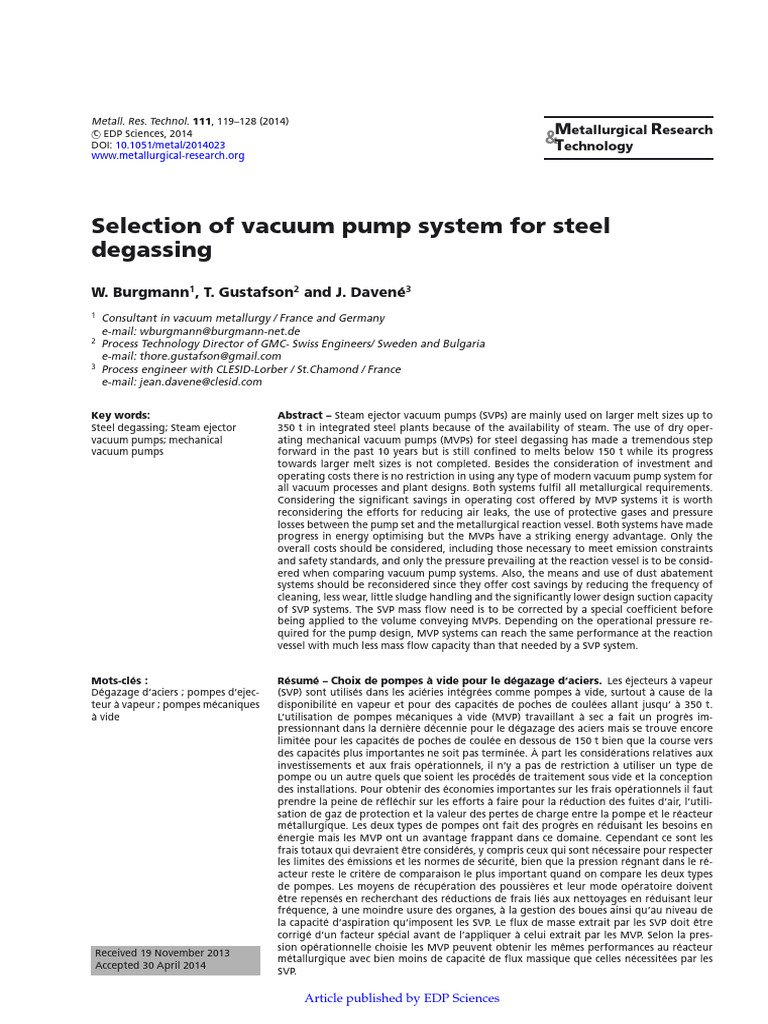 Selection of Vacuum Pump System For Steel | PDF | Pump | Vacuum