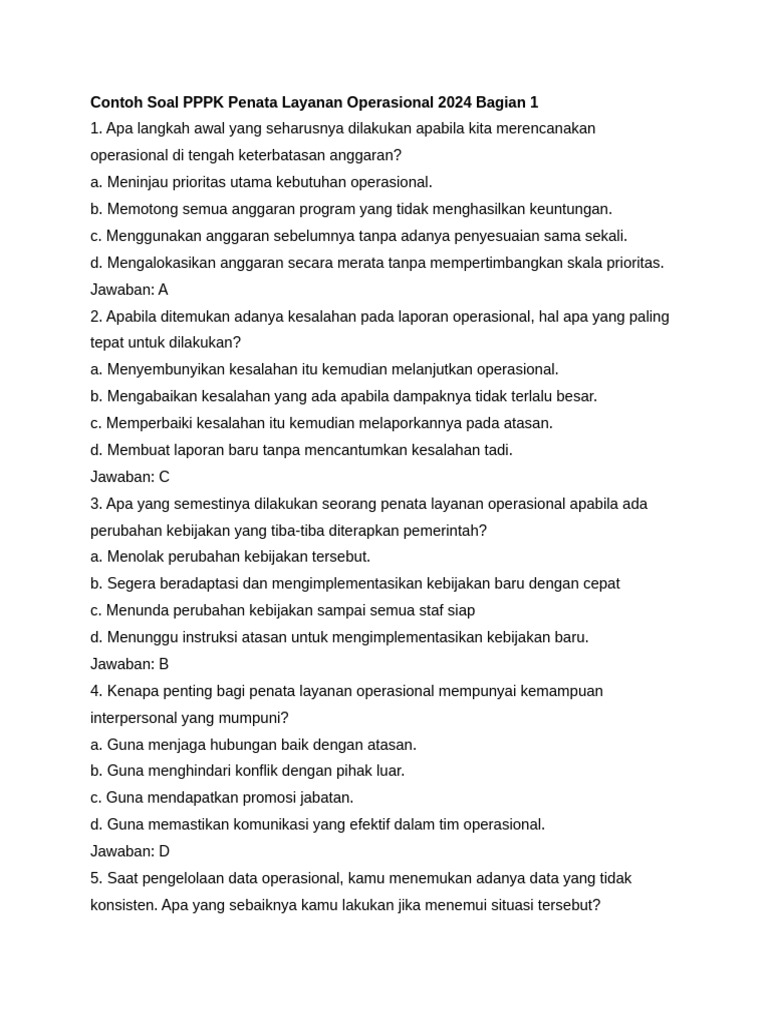 Contoh Soal PPPK Penata Layanan Operasional 2024 | PDF