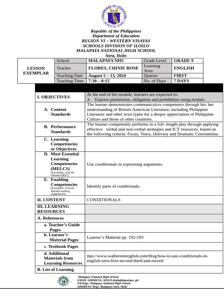 Conditional Sentences-ENGLISH-9-LESSON-EXEMPLAR-WEEK-2 | PDF | Learning