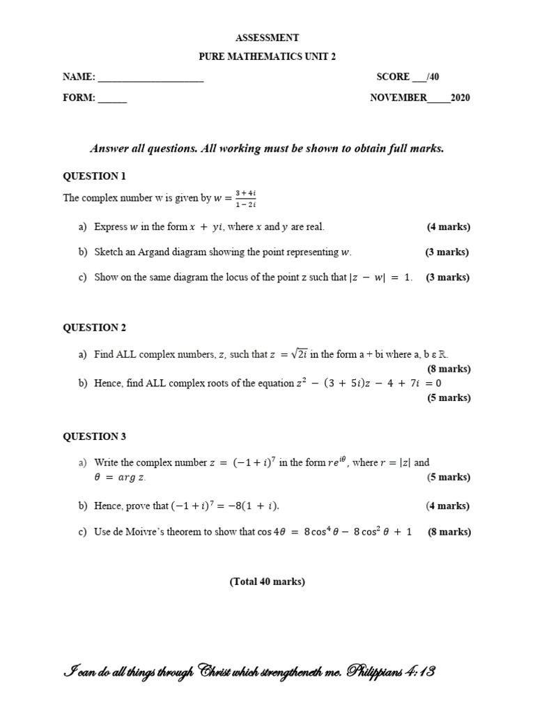 Pure mathematics unit 2 nov assessment pdf