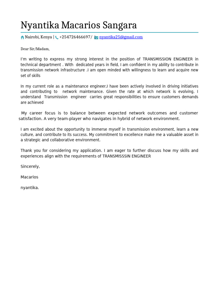 Transmission Engineer Application Letter | PDF