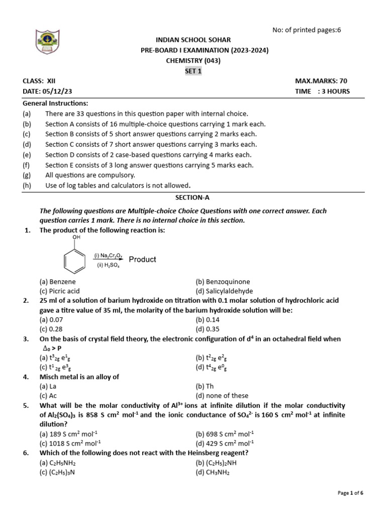 Class XII Chemistry Pre-Board Exam 2023-24 | PDF | Amine | Physical ...