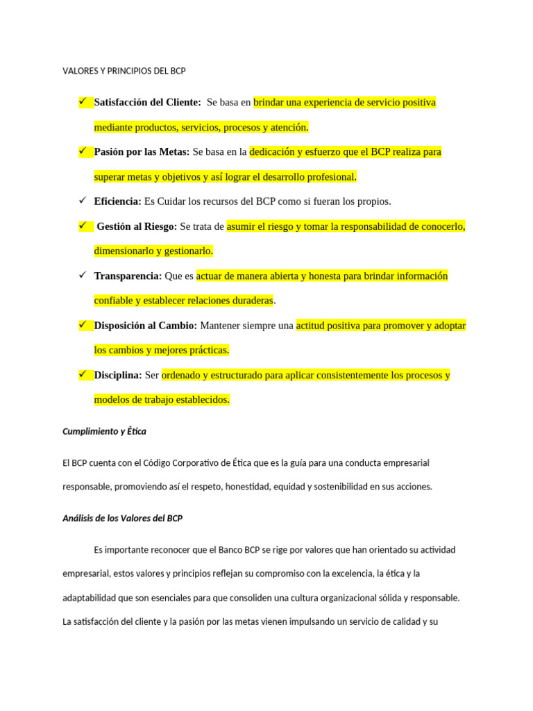 Valores y Principios del BCP | PDF | Calidad (comercial) | Business