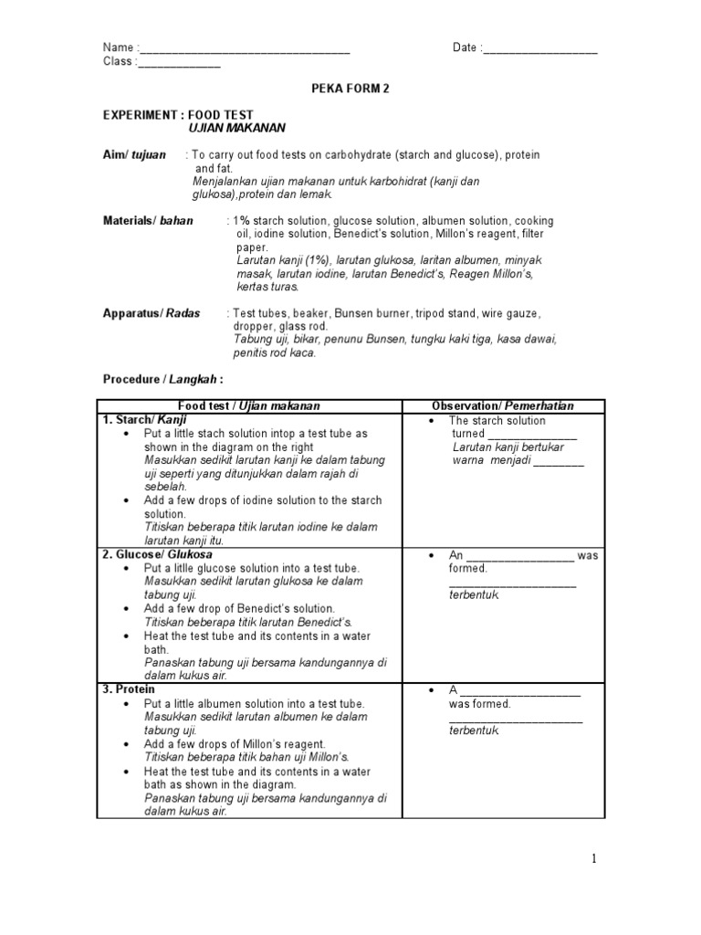 Food Test Procedures for Form 2 Science | PDF