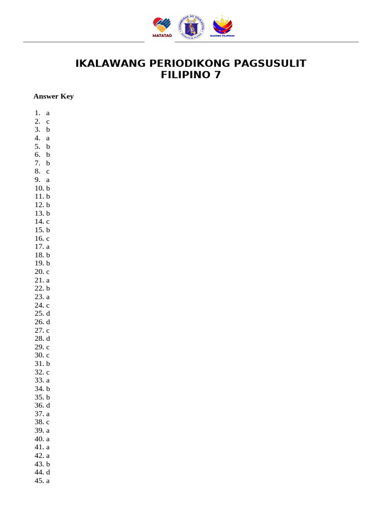 Filipino 7 Exam Answer Key | PDF