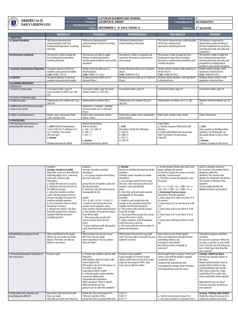 Grade 5 Math Daily Lesson Plan | PDF | Division (Mathematics) | Mathematics