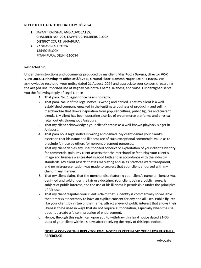 REPLY TO LEGAL NOTICE DATED 21 | PDF | Justice | Crime & Violence