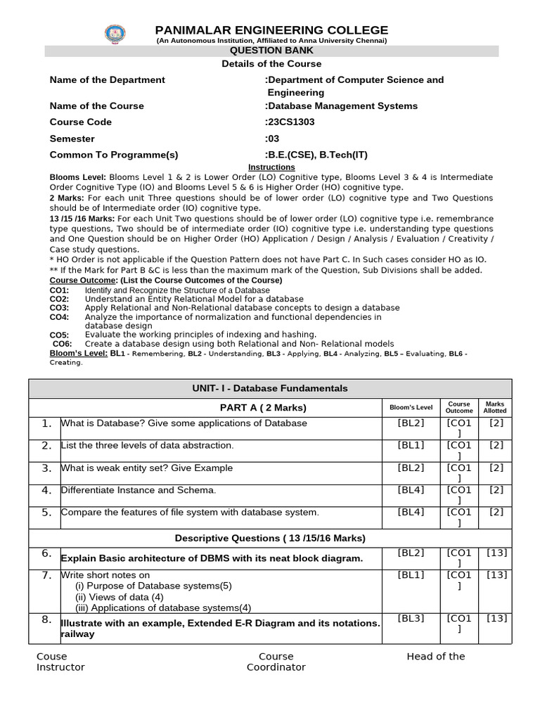 Database Management Systems Question Bank | PDF | Databases | Data ...