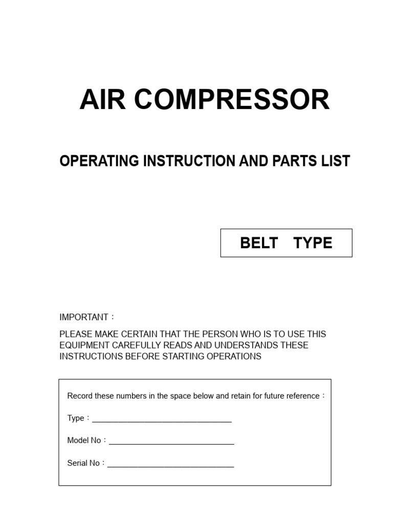 Air Compressor Operating Instructions | PDF | Valve | Piston