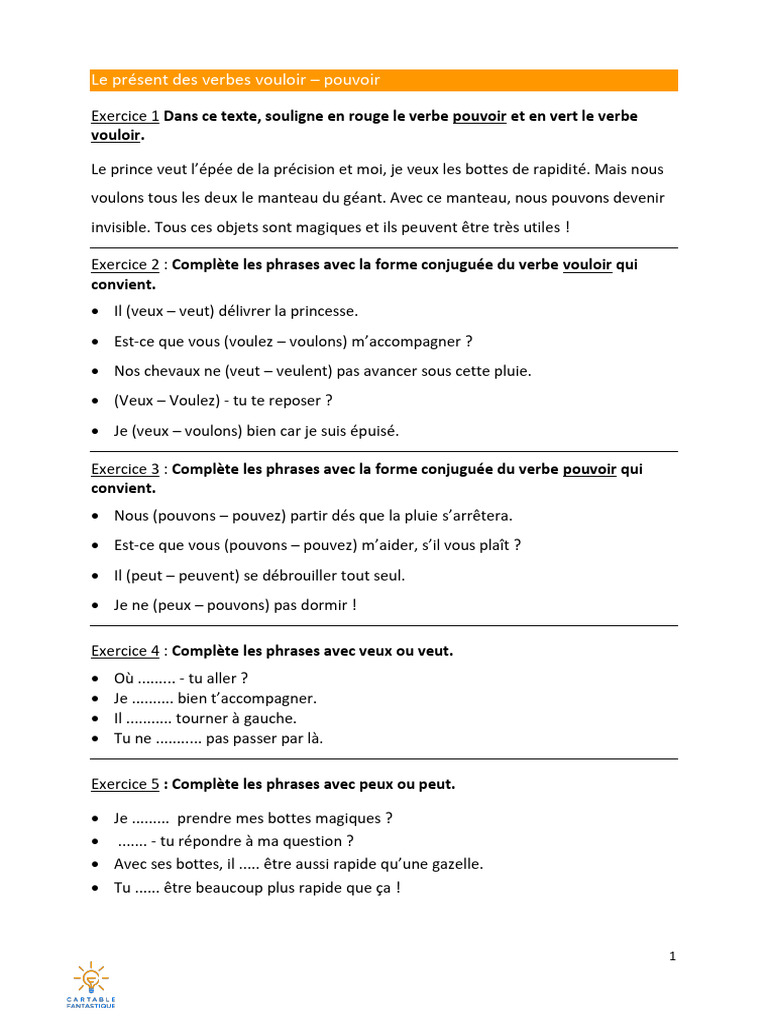 Exercices sur les verbes vouloir et pouvoir | PDF