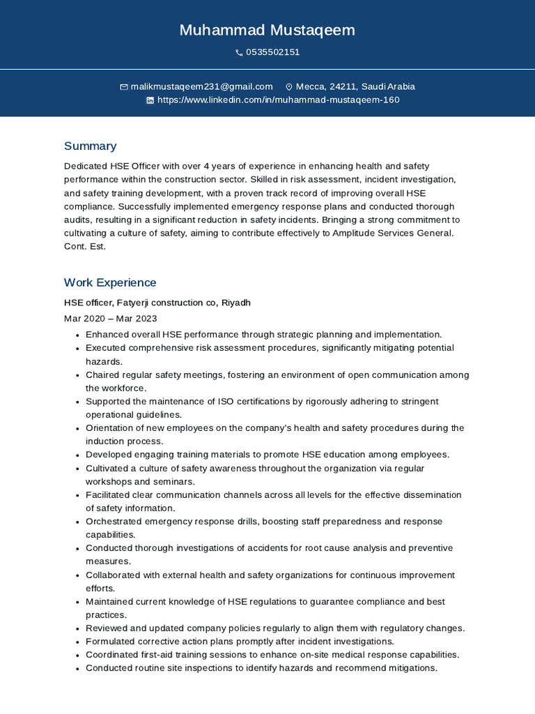 HSE Officer Resume - Construction Sector | PDF | Occupational Safety ...