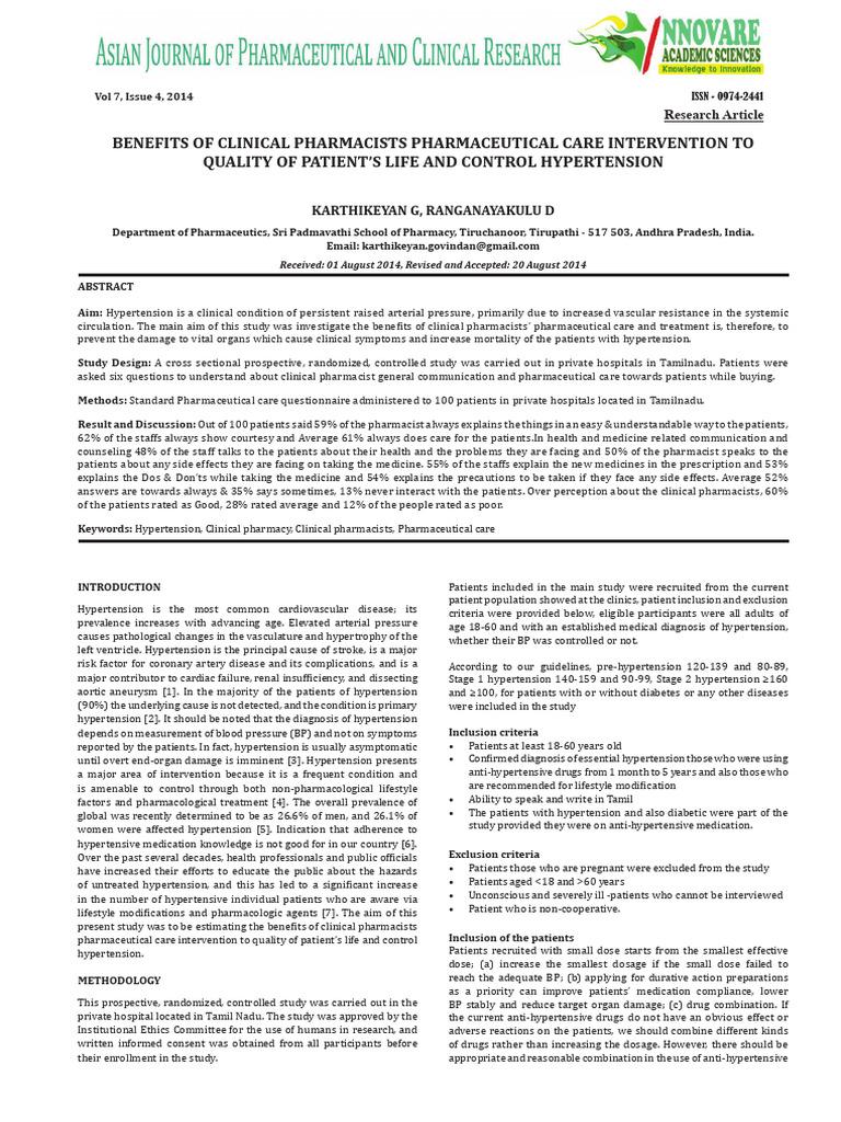 Benefits of Clinical Pharmacists Pharmaceutical Care Intervention To ...