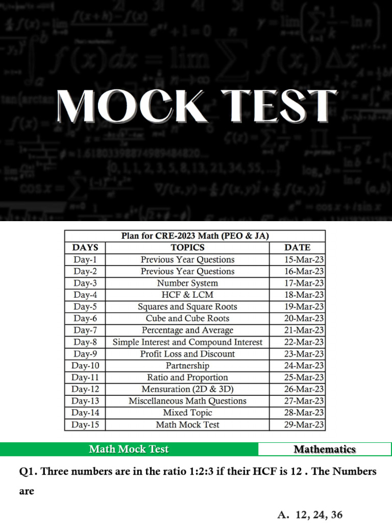 Day 15 Math Mock Test Questions Full Coverage For PEO and JA CRE | PDF