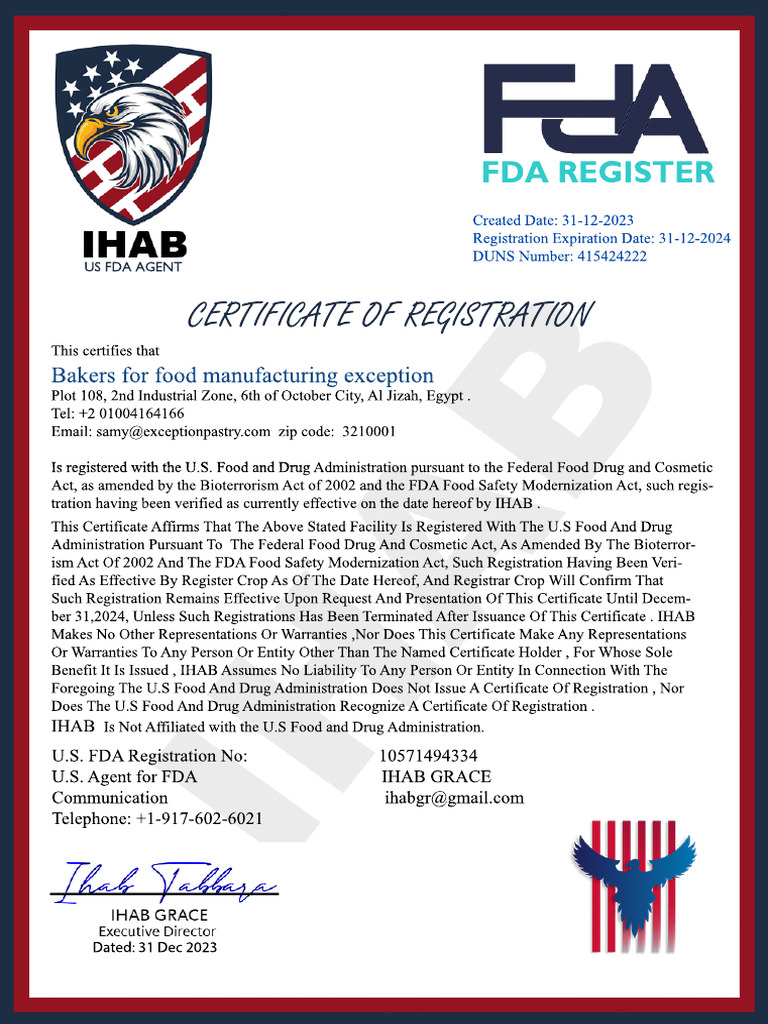 FDA Registration Certificate for Bakers | PDF