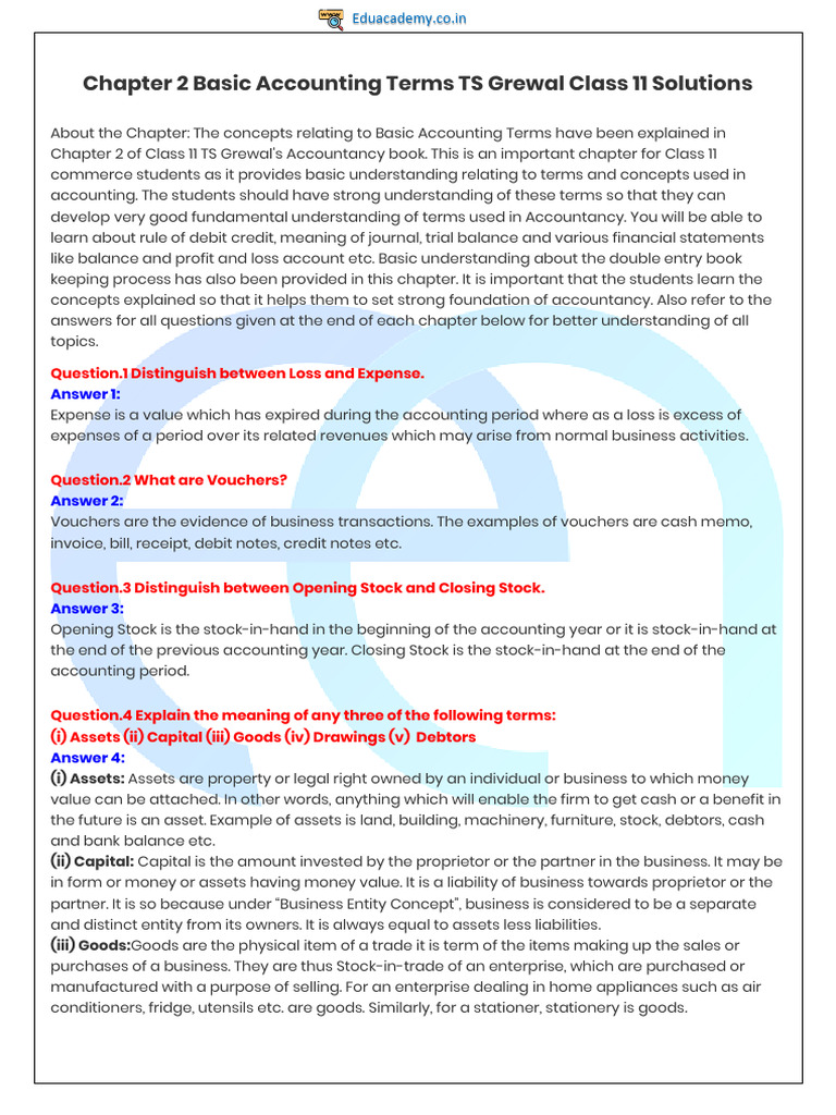 Chapter 2 Basic Accounting Terms TS Grewal Class 11 Solutions | PDF ...