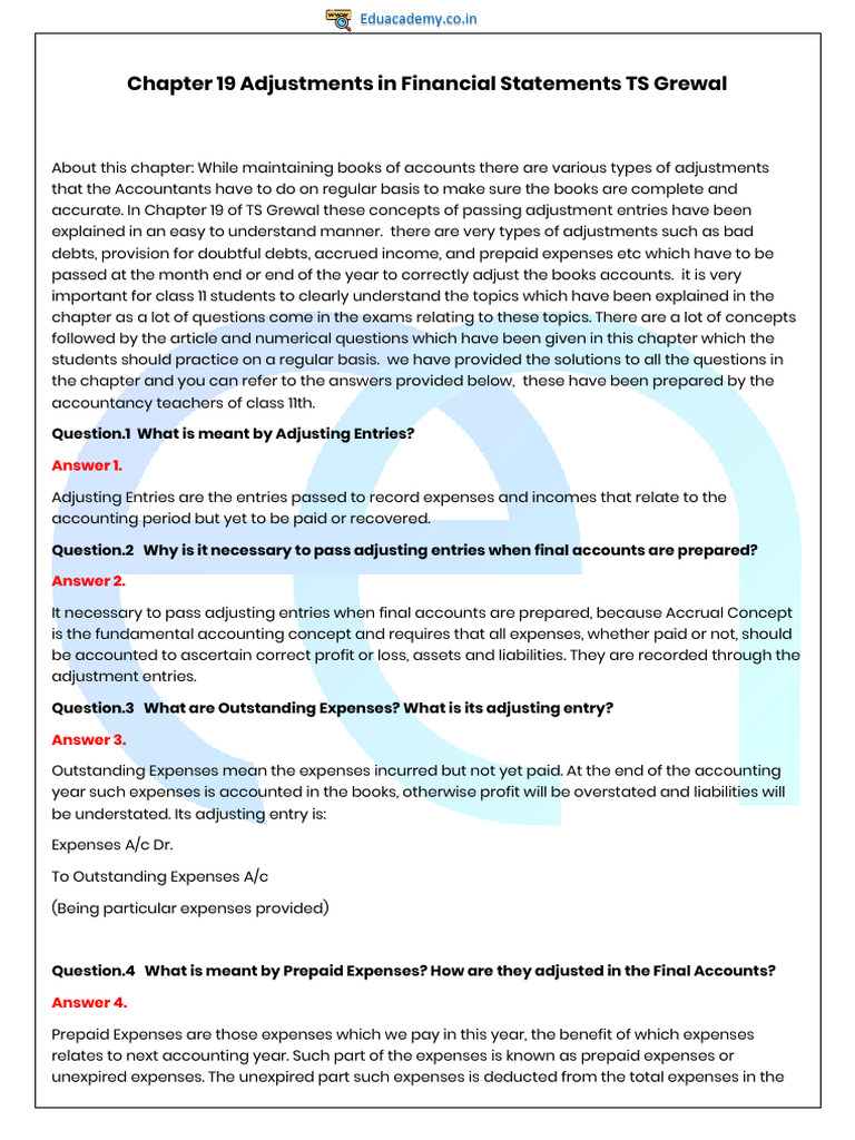 Chapter 19 Adjustments in Financial Statements TS Grewal | PDF | Debits And  Credits | Deferral