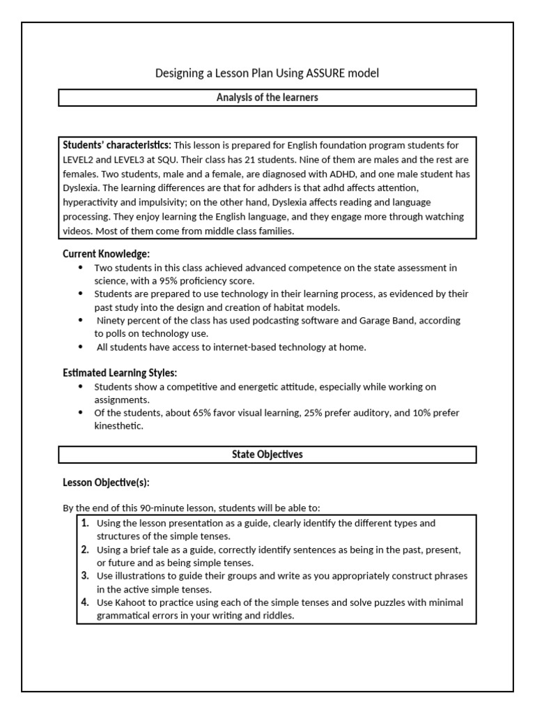 Designing a Lesson Plan Using ASSURE Model | PDF | Learning | Reading ...