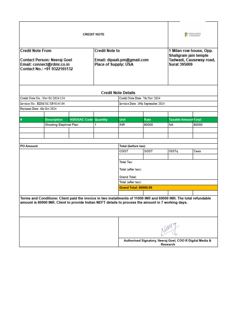 Credit Note for R Digital Media | PDF