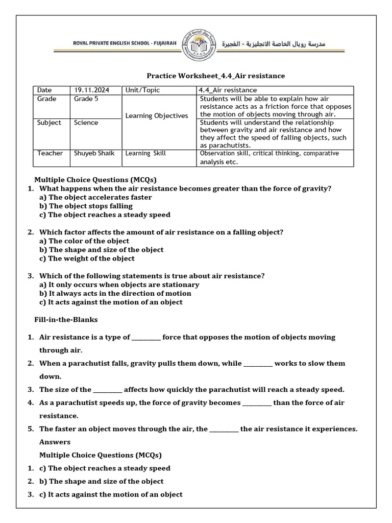 Air Resistance and Motion Worksheet | PDF