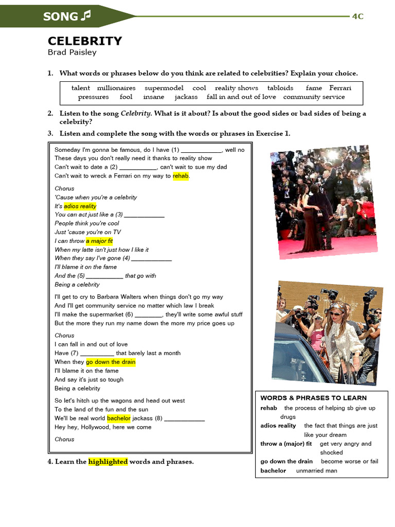 4a unit 4 session 2 song celebrity pdf